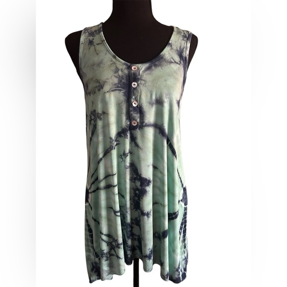 Tryst Navy Kelly Green Tie-Dye Button Front Tank Sleeveless Summer Size Medium - Picture 1 of 5